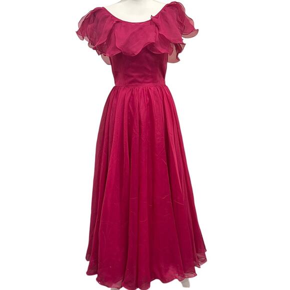 VTG 80s C&A Your Sixth Sense Fuchsia Ruffle Sequin Chiffon Maxi Gown XS Coquette - Picture 2 of 12